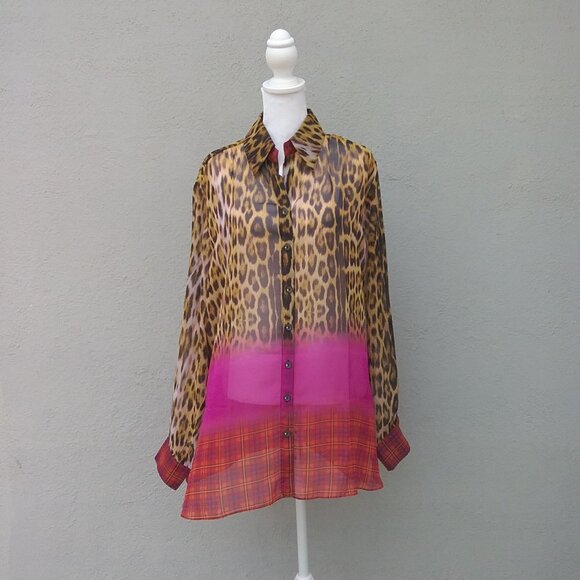 Mishca Blouse Women's Size XL Pink Beige Animal Print Long Sleeve Sheer Preppy - Picture 6 of 6
